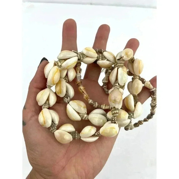VTG Cowrie Shells Natural Seashells Beaded Long Necklace Handmade 32" - Picture 1 of 8